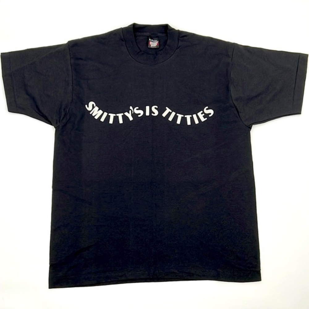 VTG Single Stitch T-Shirt “Smitty’s is T*tties” Black w/White Velvet‎ Le…